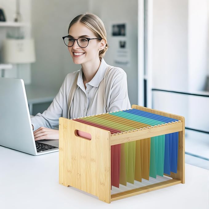 Bamboo Hanging File Box Organizer, File Folder Storge, Nature, 2 Pack