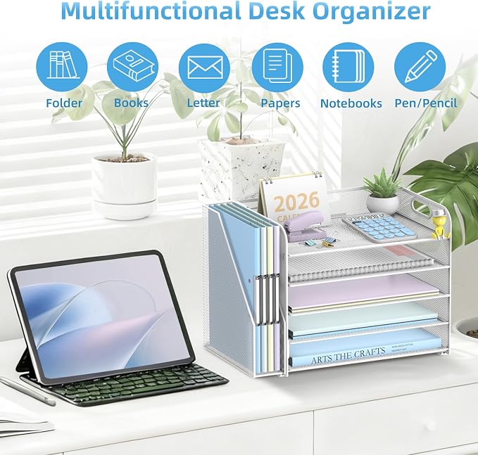 5-Tier Desk Organizer with File Holder, Paper Organizer for Desk, White | 5 Letter Trays and Vertical File Holder with Metal Mesh Frame for Papers Folders Books and Mail in Office Home or School