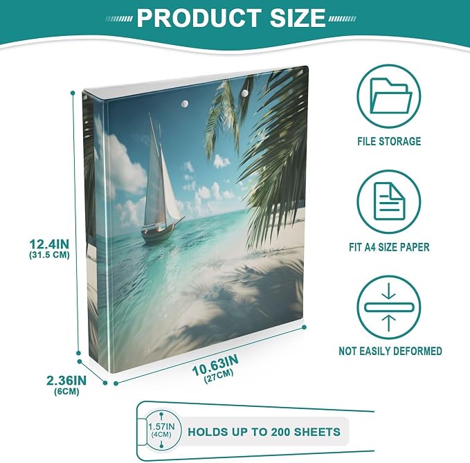 3 Ring Binder Sailboat Sunny Tropical Beach 1.5" Round Ring Binders View Binder with 200 Sheet for Women Men Office Kids School Supplies, 1 Pack