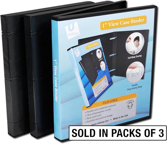 UniKeep 3 Ring View Binder - Binder Case is Fully Enclosed - Available in White, Clear, or Black and in Different Spine Sizes (Pack of 3, Black, 1.0 Inch)