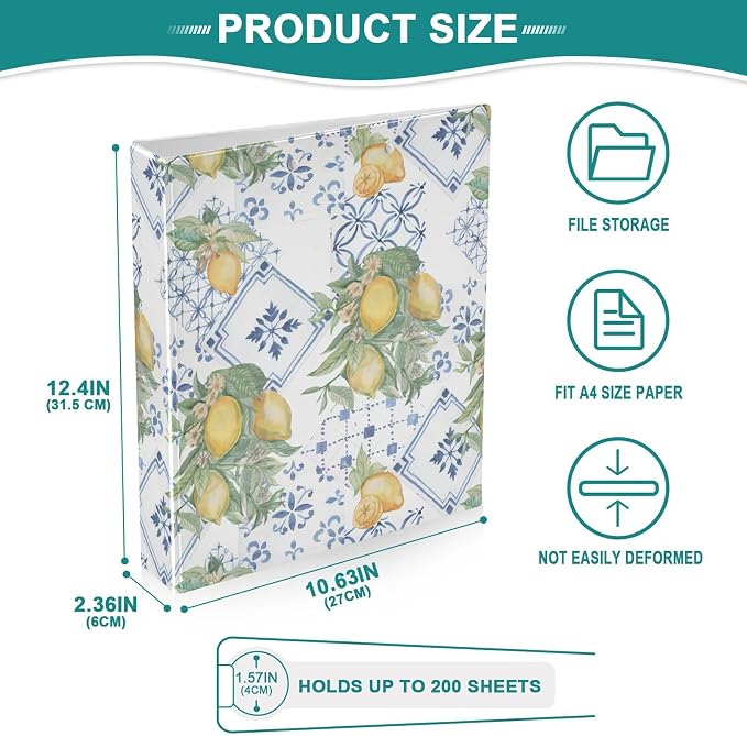 French Blue Tile Yellow Lemon Binder 3 Ring 1.5 Inch Binder with Clipboard&Pockets, Hardcover Binders Heavy Duty Large File Folder for Office School Supplies - Holds 200 Sheets,2 PC