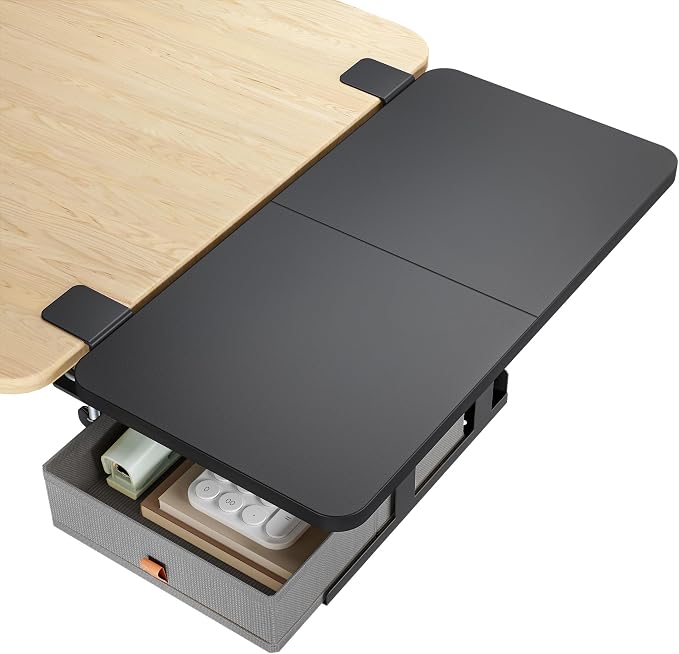 Desk Extender Tray, 24" x 12", with Storage Drawer, Medium, Black | Desk Extension, Clamp on Desk Shelf, Clamp on Keyboard Tray for Office and Home, Workstation Organizer