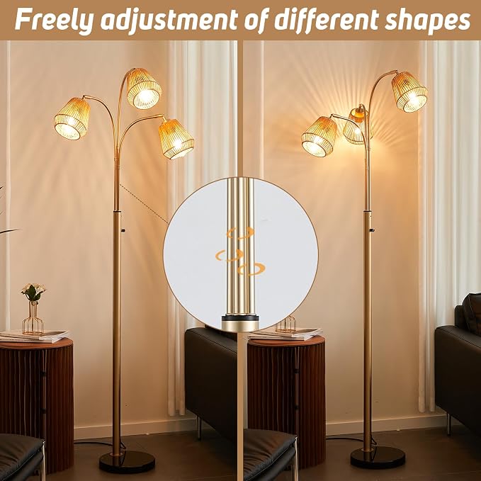 Gold Rattan Floor Lamp for Living Room, 72'' 3-Light Boho Lamp | Heavy Natural Marble Base, 1/2/3-Light Rotary Switch, Wicker Shades for Reading Corners Bedrooms