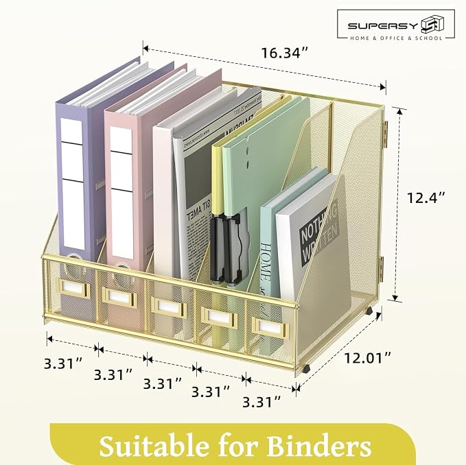 Desk Organizers Metal Desk Magazine File Holder with 5 Vertical Compartments Rack File Organizer for Office Desktop, Home Workspace, Gold Plus