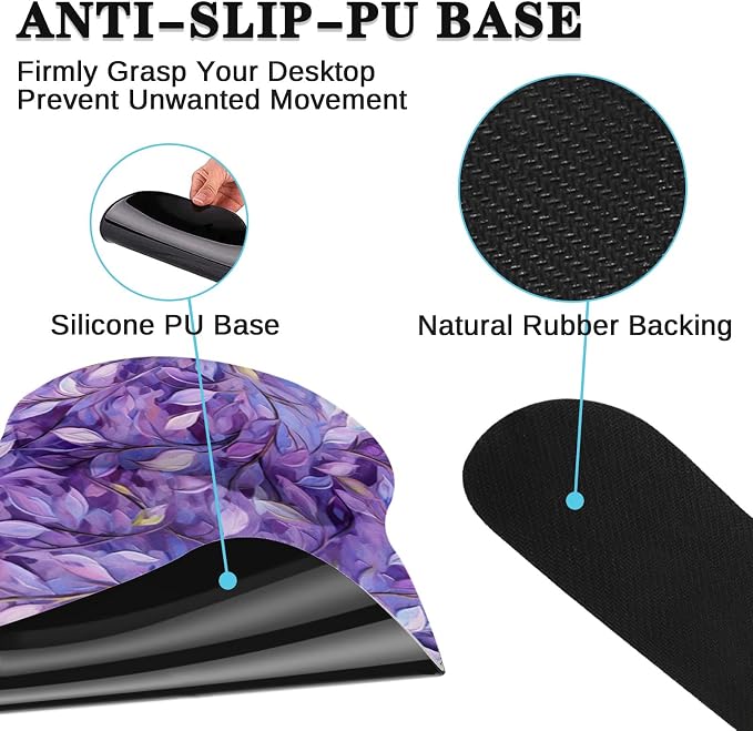 Keyboard Mouse Pad Set, 4 in 1 Desk Mat Set, Purple Leaves Oil | Large Mousepad+Keyboard Wrist Rest+Mouse Wrist Rest+Coaster Ergonomic Design for Home Office Computer