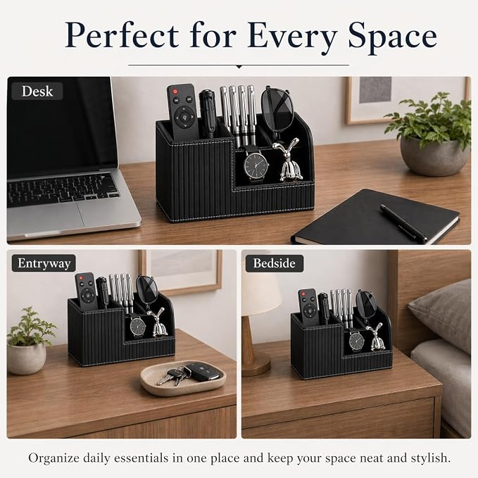 Desk Pen Organizer Office Supplies Caddy Pu Leather Multi-function Storage Box Pen/Pencil,Cell phone, Business Name Cards Remote Control Holder (Black)