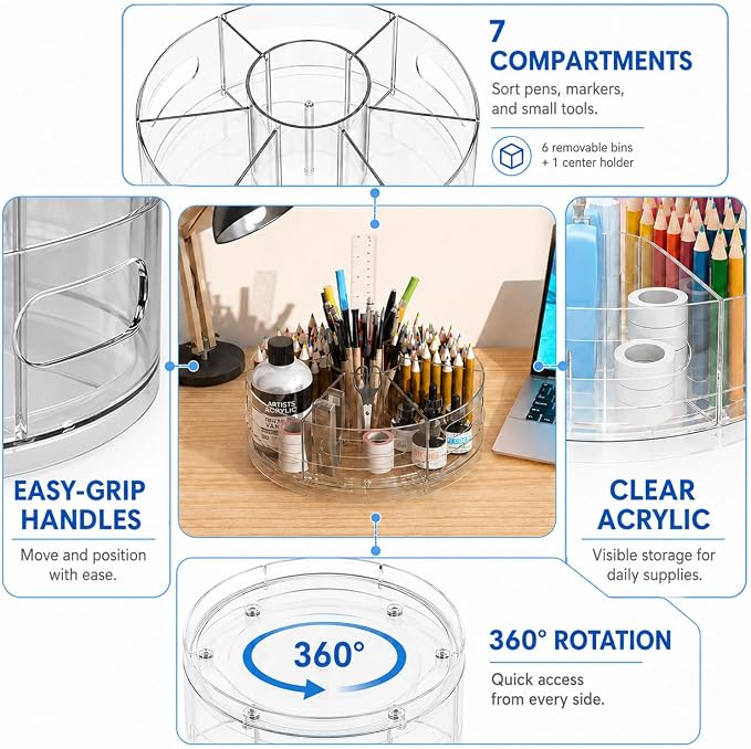 CraftGenes Rotating Organizer, Clear Acrylic Pen Holder and Pen Organizer for Desk, Art Supply Organizer and Marker Organizer, 7 Removable Compartments for Office Supplies, Classroom, Craft Room