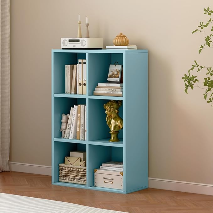 6-Cube Storage Shelf Bookcase, Light Blue | Wooden 3-Tier Open Bookshelf, Fits 11×11" Bins, Vertical or Horizontal Use, Full Back Panels, For Home Office