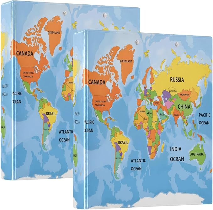 ALAZA 3 Ring Binder World Map Clipboard Round Ring Binder Holds 1.5 Inch Three Rings Binder Heavy Duty Binders for School Office Supplies, 1Pack