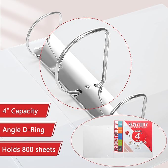Sinload 6 Pcs 3 Ring Binder, 4 Inch Large Capacity D Ring Binders with Pockets, 8.5" x 11" Presentation Folder View Binder with Customizable Clear Cover for Documents Files Projects (White)