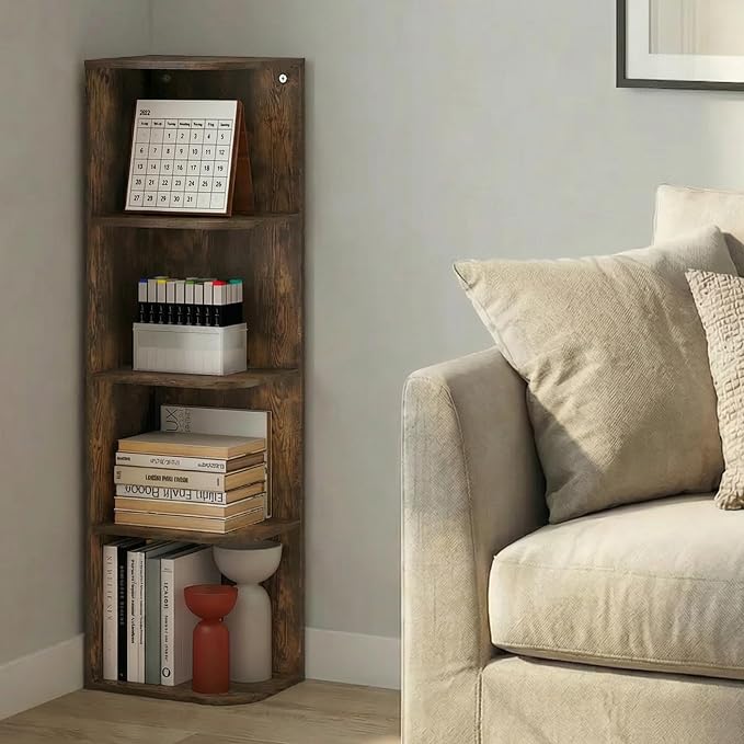 Furinno PASIR Book Shelf, 4-Tier Corner Bookshelf with Open Shelf, Standing Bookcase, 9.3 x 12 x 41.4, for Organization and Storage, for Living Room, Bedroom, Home Office, Amber Pine