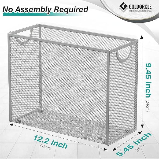 Letter-Size Hanging File Organizer (Silver, with 5 Grey Folders) | File Holder Filing Box for Desk, Metal Mesh Desk File Folder Storage for Office(No Assembly Required)