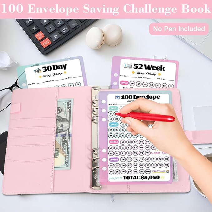 2 Pack 100 Envelopes Money Saving Challenge, Cash Budget Planner A5 Binder | Savings Challenges Book Organizer Folder with 3 Tracker to Save $5,050 $2,600 $300, 100 Pre-numbered Pockets, Pink & Black