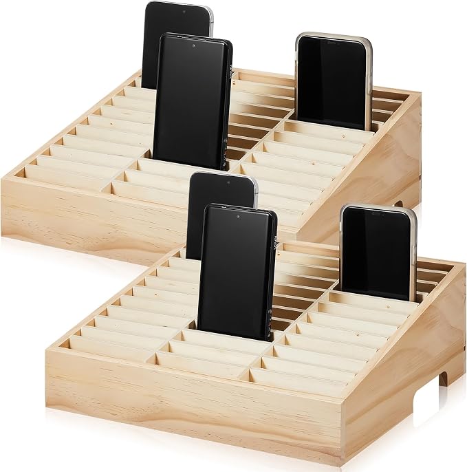CroBlissful 2 Pcs 36 Grid Wooden Cell Phone Holder Classroom Wood Cell Phones Storage Box Desktop Mobile Phone Organizer for School Classroom Office