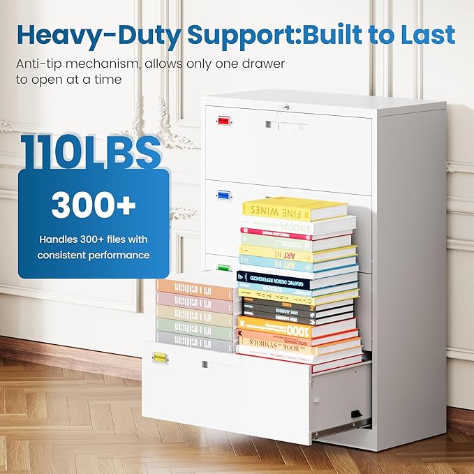 PEUKC 4 Drawer File Cabinet, Lateral Filing Cabinets for Home Office, Office Storage Drawers with Lock, Hanging Files Legal/Letter A4 Size (Assemble Required,White)