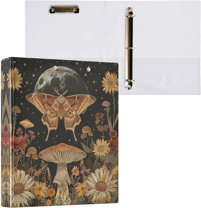 Moth Mushroom Flower Printed 3-Ring Binder for School Office, 1.5 Inch Round Ring Binder for Home Recipe Budget Aesthetic Binder with Pocket Metal Non-Slip Clip Holds 200 Sheets of Paper