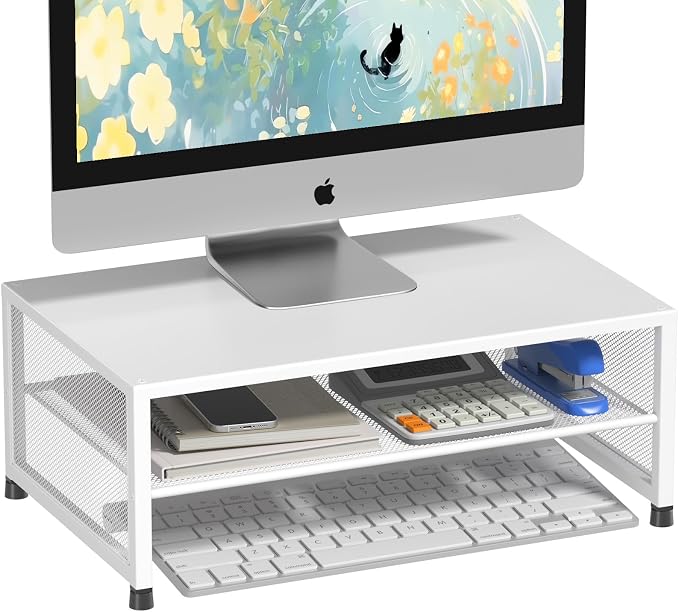 ECOLOVI 2-Tier Computer Monitor Stand Riser, Printer & Laptop Stand, Office Desk Accessories, Workspace Desk Organizer for Home Office Supplies, White