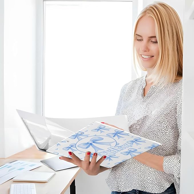 Blue Bows 3 Ring Binder with Clipboard Round Ring Binders White Personalized Binder 3 Interior Clear Pockets for Office Supplies 2 Pack
