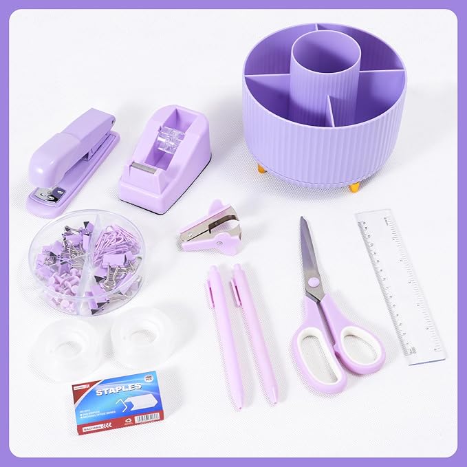Gawsey Purple Desk Organizers and Accessories with Desk Organizer 360° Rotating Pen Holder and Office Supplies, Cute Stationery Supplies Set