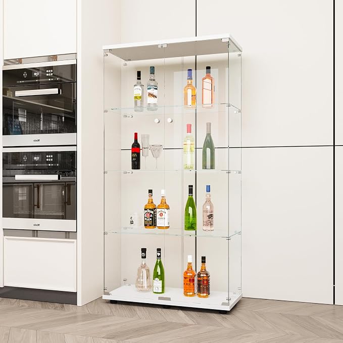 FLYMUHJIA Glass Display Cabinet Kitchen Pantry Storage Cabinet Corner Bar Cabinet with Four Level Double-Door, 64”hx32''lx 14''w White