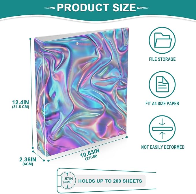 3 Ring Binder Metallic Liquid Painting Rainbow 1.5" Round Ring Binders View Binder with 200 Sheet for Kids School Supplies Women Men Office, 1 Pack