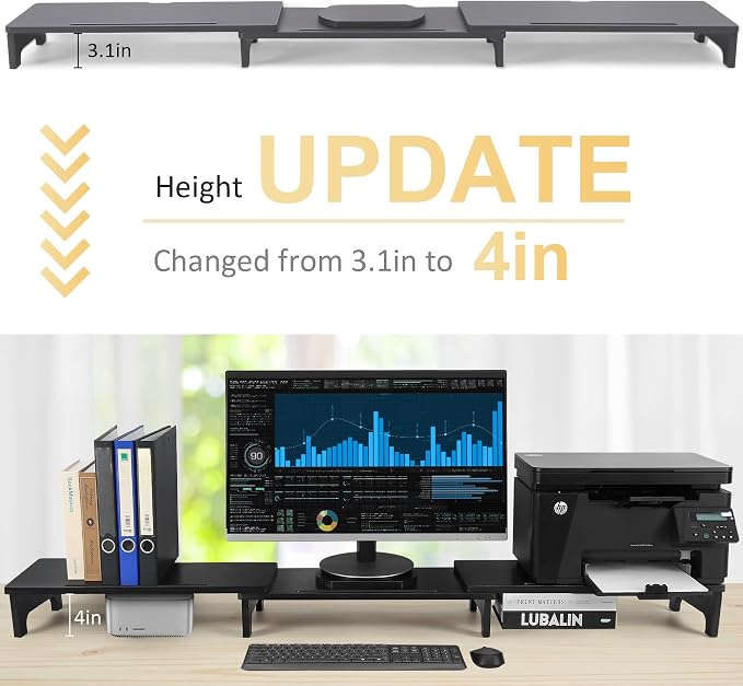 Nnewvante Bamboo Monitor Stand Riser, 60 inch Upgrade Height Large TV Riser | Black, Adjustable Length Angle, Dual Monitor Stand for Desk, 3 Shelves Desktop Screen Riser, For Computer Laptop
