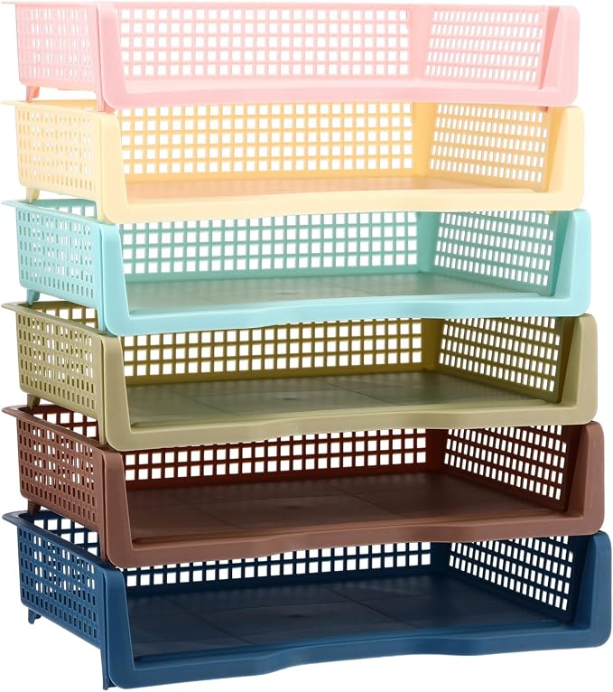Weysat 6 Pcs Turn in Trays Classroom, Stackable Paper Tray for Classroom Organization Plastic Desk File Organizer Bin Basket for Library Drawer Teacher Office Document Storage (Morandi Tones,Wide)
