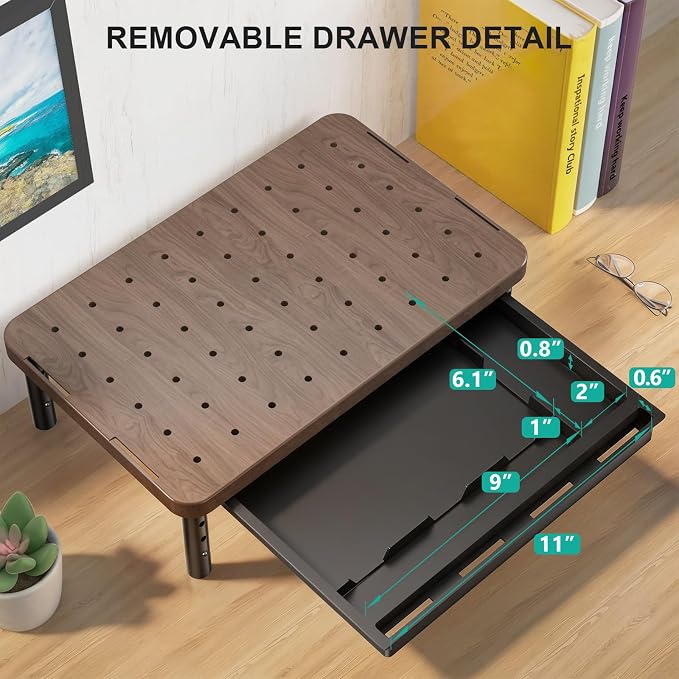 WALI Plastic Computer Monitor Stand with Storage, Adjustable Laptop Riser | Laptop Riser with Airflow Vents, Desk Organizer for Computer, Printer, Notebook (PTT002-C), 1 Pack, Brown