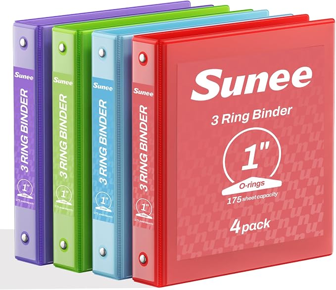 SUNEE 1 Inch Binders 3 Ring 4 Pack, 1" Classic 4-Color Binder Set (8.5x11 Inches) for Office, School or Home Supplies