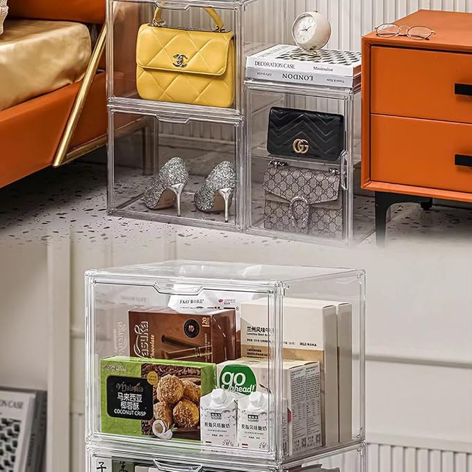 BOHOIDEE 4 Tiers Clear Acrylic Display Case for Closet, Purse Storage Organizers Box, Plastic Storage Bins with 3 Adjustable Divider and Magnetic Door