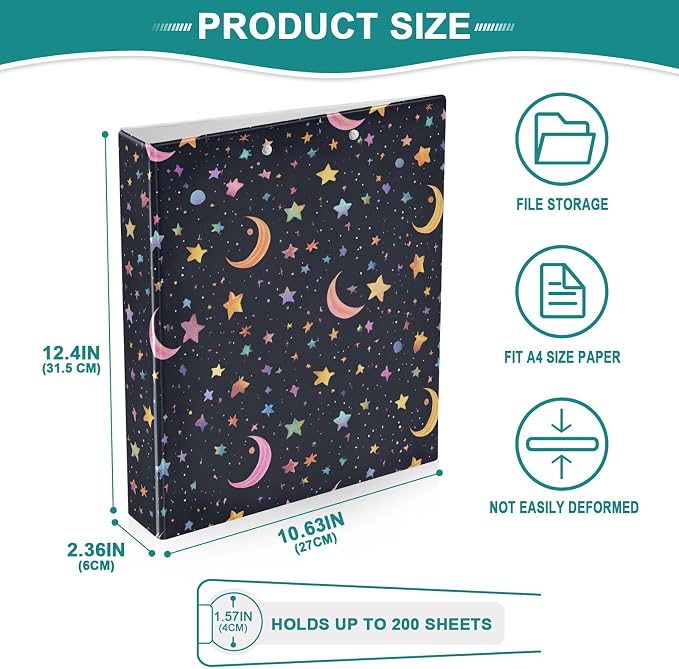 3 Ring Binder Star Moon Black 1.5 inch Binders Three Ring Binders with Clipboard Fit 8.5'' x 11'' Paper 3 Interior PVC Clear Pockets for Office Supplies