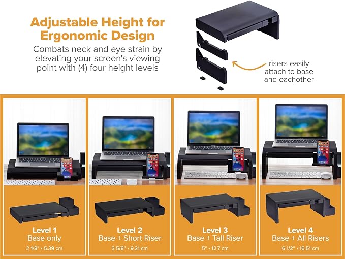 Bostitch Konnect Adjustable Monitor Riser with Drawer, Cell Phone Stand & Pencil Holder, Laptop Stand for Desk, 4 Height Levels, Cable Management & Rubber Feet