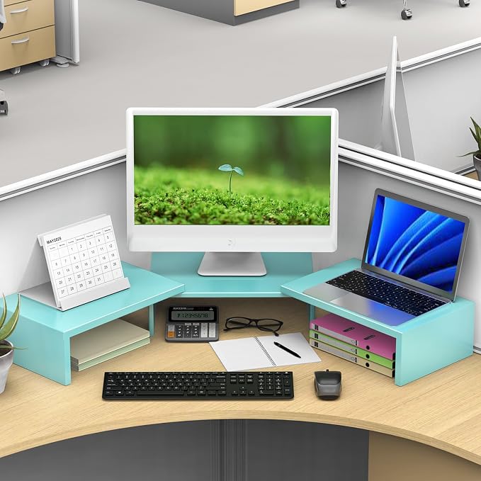 Desk Organizers and Accessories, Dual Monitor Stand Riser, Monitor Desk Shelf for Desktop Organization (Blue)