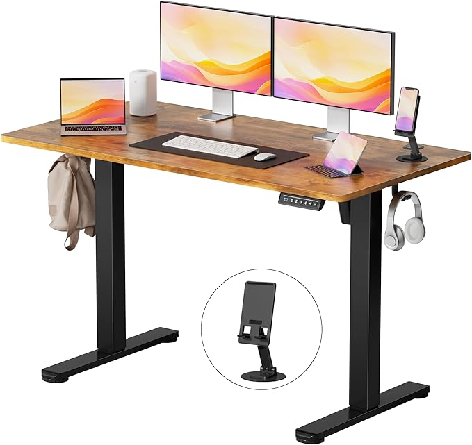 YESHOMY Height Adjustable Electric Standing Desk, 46 x 24 Inches Memory Home Office Sit Stand up Desk with Phone Holder and USB Charging Port, Rustic Brown