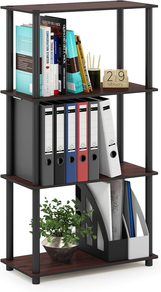 Furinno Turn-N-Tube Toolless 4-Tier Storage Shelves, Dark Cherry | Wide Open Frame Book Shelf, Corner Shelf, for Organization, Living Room, Garage, Home Office