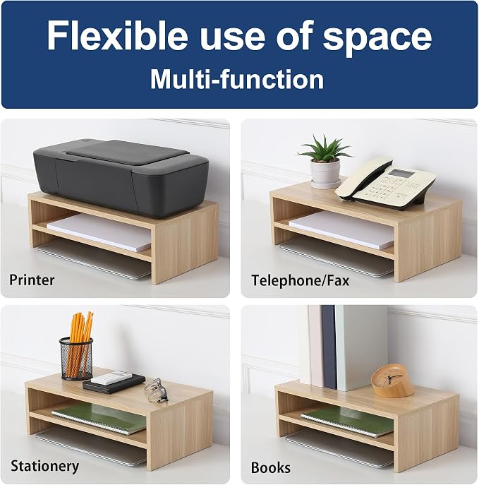 FITUEYES Wooden Monitor Stand Riser, 2-Tier Desk Storage Shelf, Oak | 16.7-Inch Desktop Organizer Fits Laptop, Computer Screen and Office Supplies