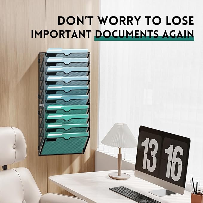 10-Tier Wall File Organizer, Hanging File Holder, Wall Mounted Mail Sorter | Metal Mesh Hanging File Organizer with Open Compartments and Label Panels for Papers and Folders at Home, Office or School