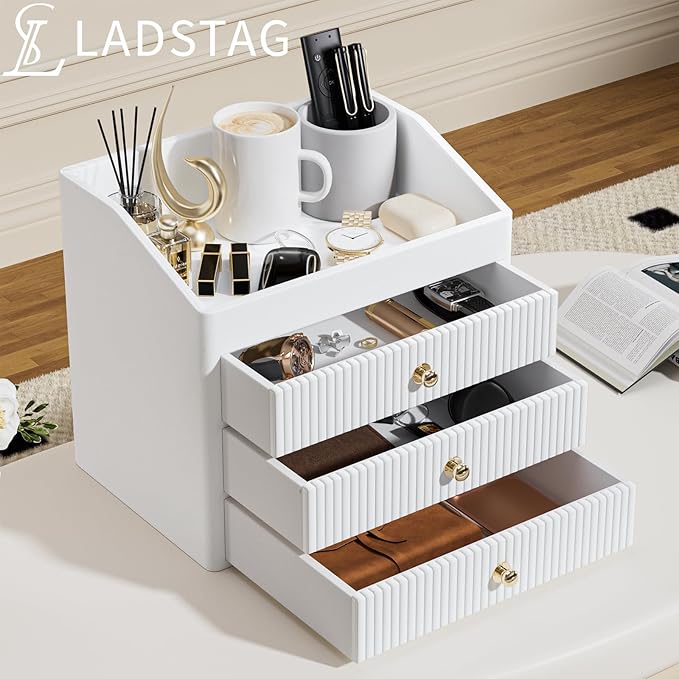 LADSTAG Office Accessories,Begie White Vegan Leather Office Supplies with 3 Drawers & Tray for Desk,Perfume Organizer with Gold-Tone Metal Accents Knob for End Tables,Bedside Table,Bedroom