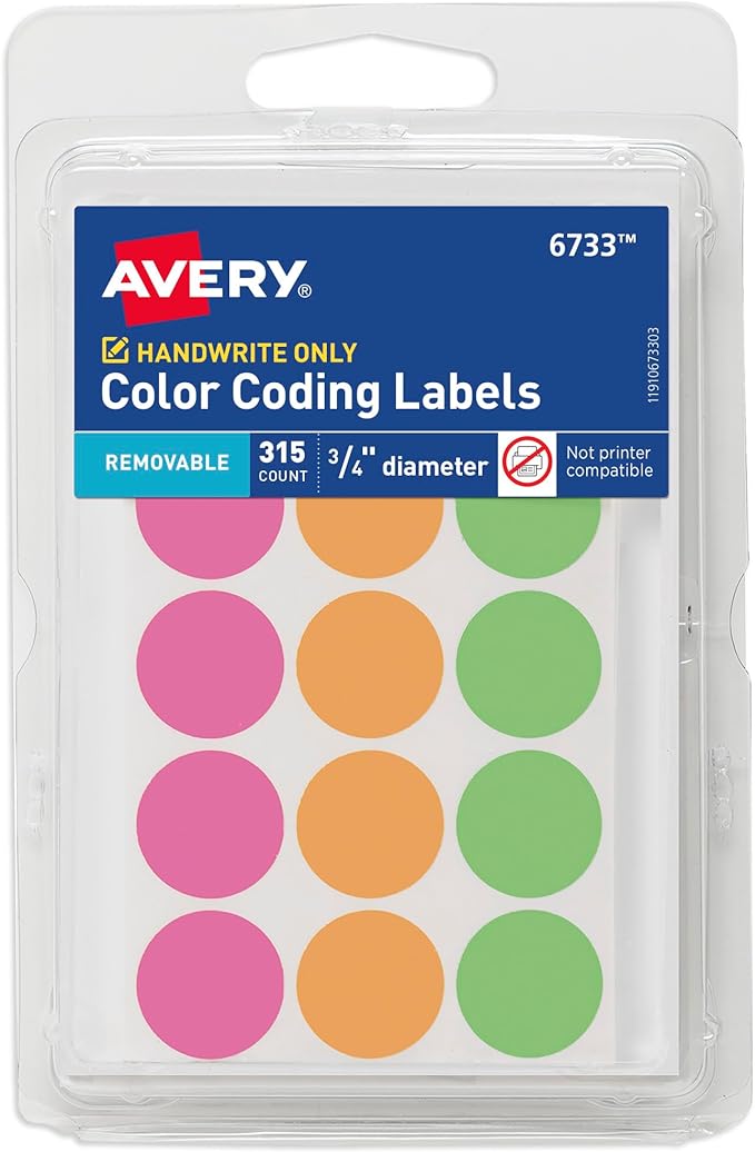 Avery Color-Coding Removable Labels, 3/4 Inch Round Stickers, Assorted Neon Colors, Non-Printable, 315 Labels Per Pack, 36 Packs, 11,340 Dot Stickers Total (6733)