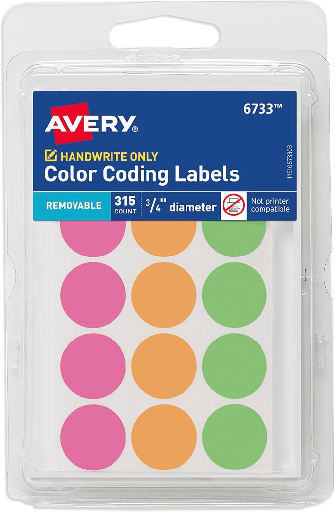 Avery® Color-Coding Removable Labels, 3/4 Inch Round Labels, Assorted Neon Colors, Non-Printable, 315 Dot Stickers Total (6733)