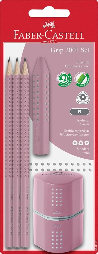 Faber-Castell Grip 2001 580073 Pencil Set Three Pencils Hardness B with Eraser and Sharpener Rose Shadows, pink