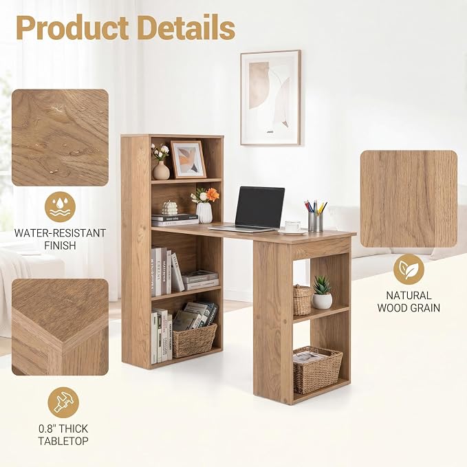 Tangkula Computer Desk with Bookshelf, Writing Study Desk with Storage Shelves & CPU Stand, Modern Compact Computer Workstation for Home & Office, Space-Saving Design(Natural) | Natural Wood Desk w/Storage Shelves & CPU Stand, Space-Saving Design Writi...