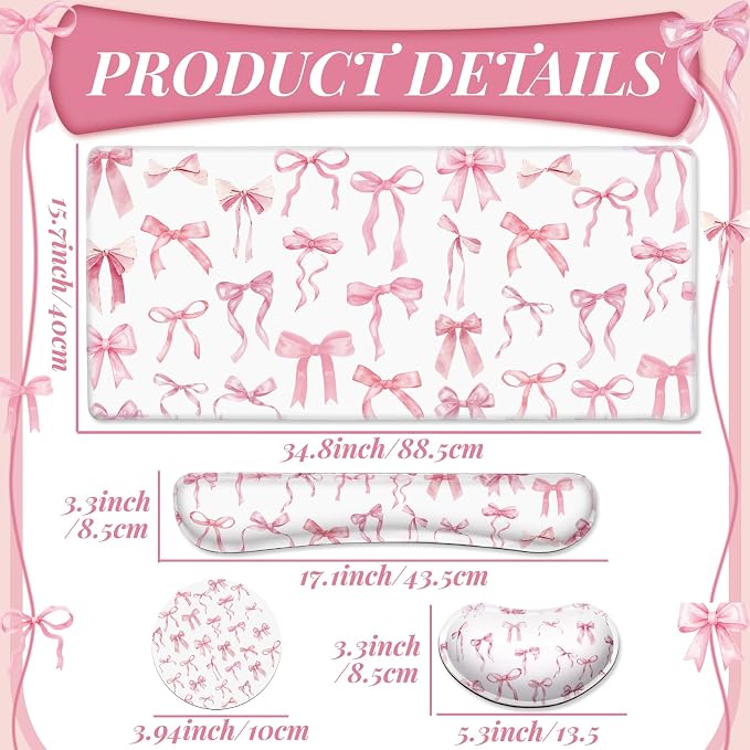 Relaxweex 4 Pcs Pink Bow Mouse Pad Keyboard Mat Set Wrist Rest | Coquette Desk Mat, Bowknot Mouse Pad, Cute Keyboard Wrist Rest, Preppy Cup Coasters, Office Computer Accessories