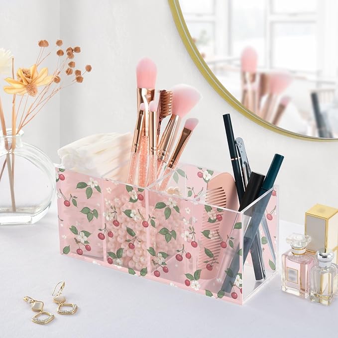 Flower Cherry Fruit Acrylic Pen Holder 4 Compartments with Prints, Desktop Makeup Brush Organizer Cutlery Acrylic Organizer Pencil Plastic Organizer Personalized Printed Pen Holder