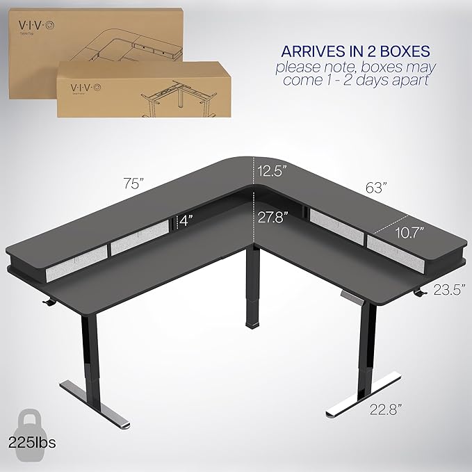 VIVO Electric Mobile Corner 75 x 63 inch 2 Tier Stand Up L-Shaped Desk, Height Adjustable, Memory Controller, Storage Drawers, Black Top Black Frame, DESK-E3CVB-75