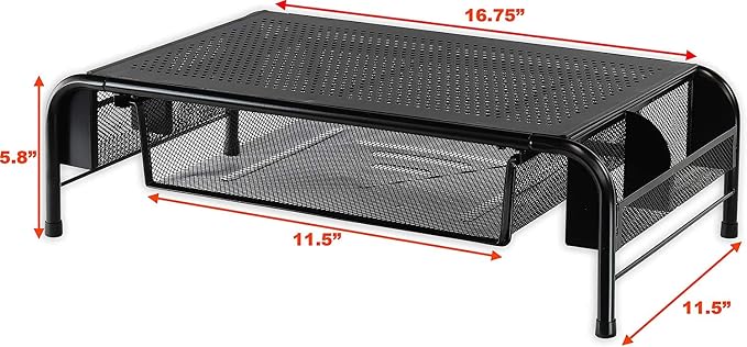 Simple Houseware Metal Desk Monitor Stand Riser w/ Organizer Drawer, Black | Side Storage for Office Supplies