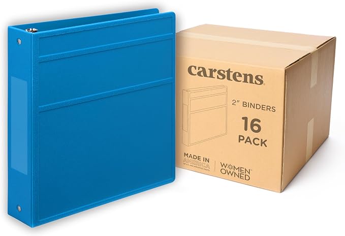 Carstens 2-Inch Heavy Duty 3-Ring Binder - Side Opening, Pool Blue, Durable Plastic, No-Gap Rings, Waterproof Covers, No Pockets, Holds 300 US Letter Sheets, BPA-Free, Made in USA (5828-3R) Case of 16