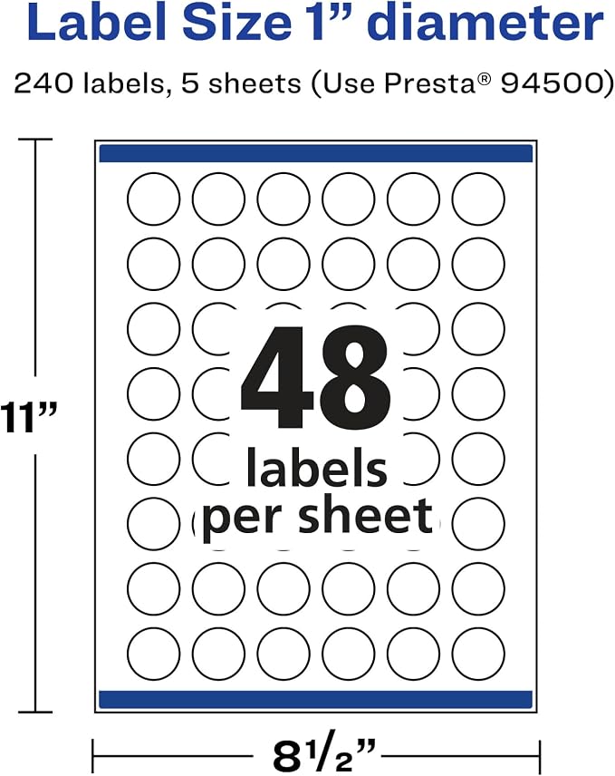 Avery® Glossy Clear Round Labels, Sure Feed® Technology, 1" Diameter, 240 Glossy Clear Labels, Print-to-The-Edge, Laser/Inkjet Printable