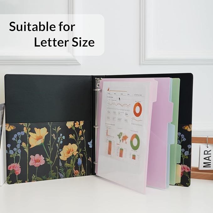 SKYDUE 1 Inch 3-Ring Binder with Clipboard, PU Aesthetic Binder with 5 Dividers, Notepad, Stickers & Pockets for Work and School (Letter Size)