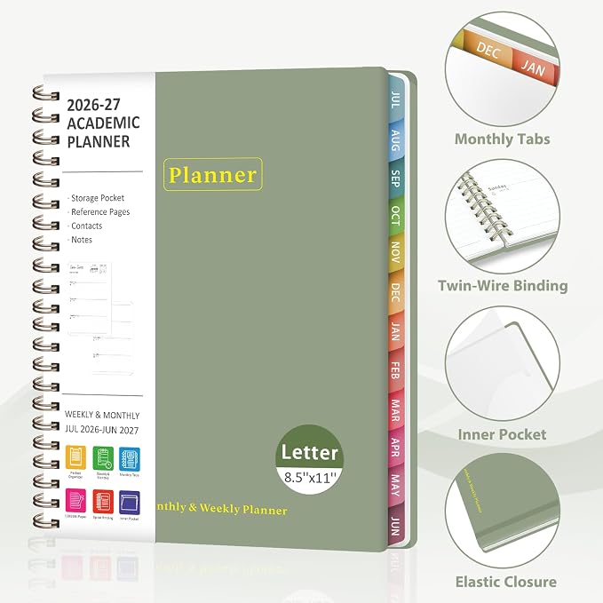 Planner 2026-2027, Academic Weekly and Monthly Calendar Planner, July 2026 - June 2027, Hardcover Spiral Agenda Book, School Supplies for Teacher Student - Letter Size(8.5" x 11")